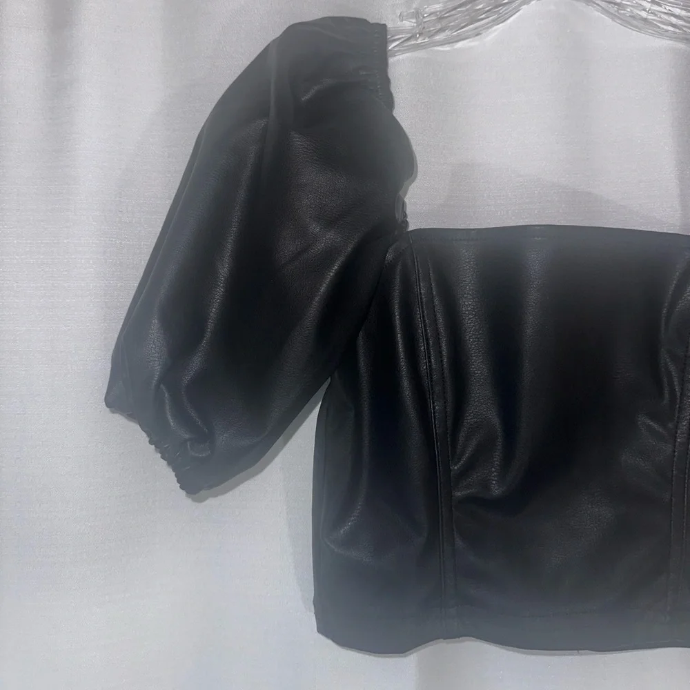 H&M Leather Puff Sleeve Corset Top - Picture 2 of 5